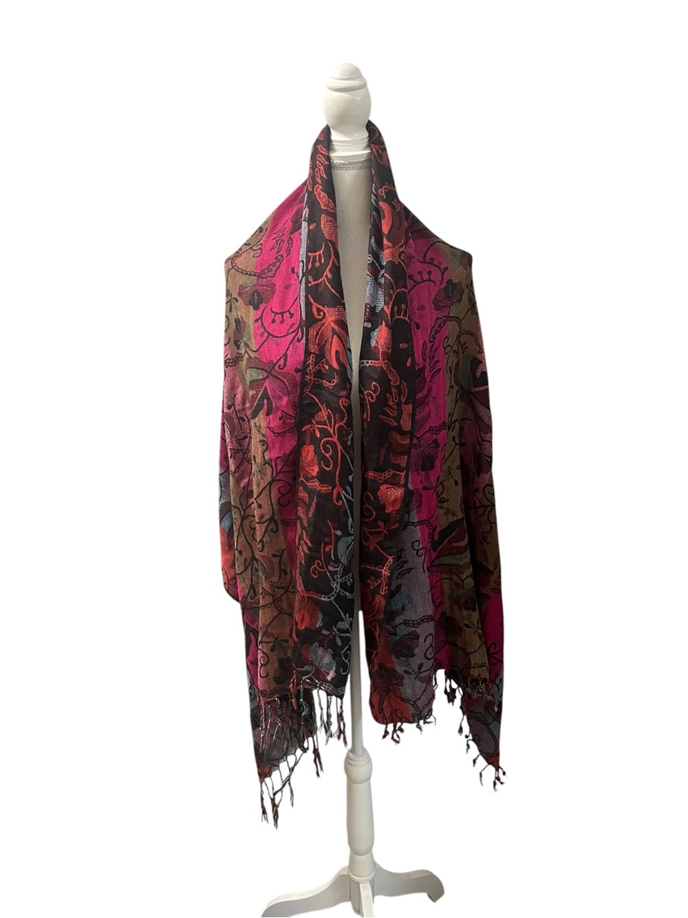 World Market Dark Floral Shawl Scarf Fringe Neck Warmer